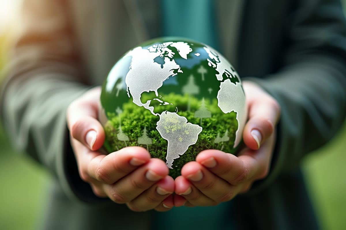 Mains tenant un globe avec feuillage et icones eco