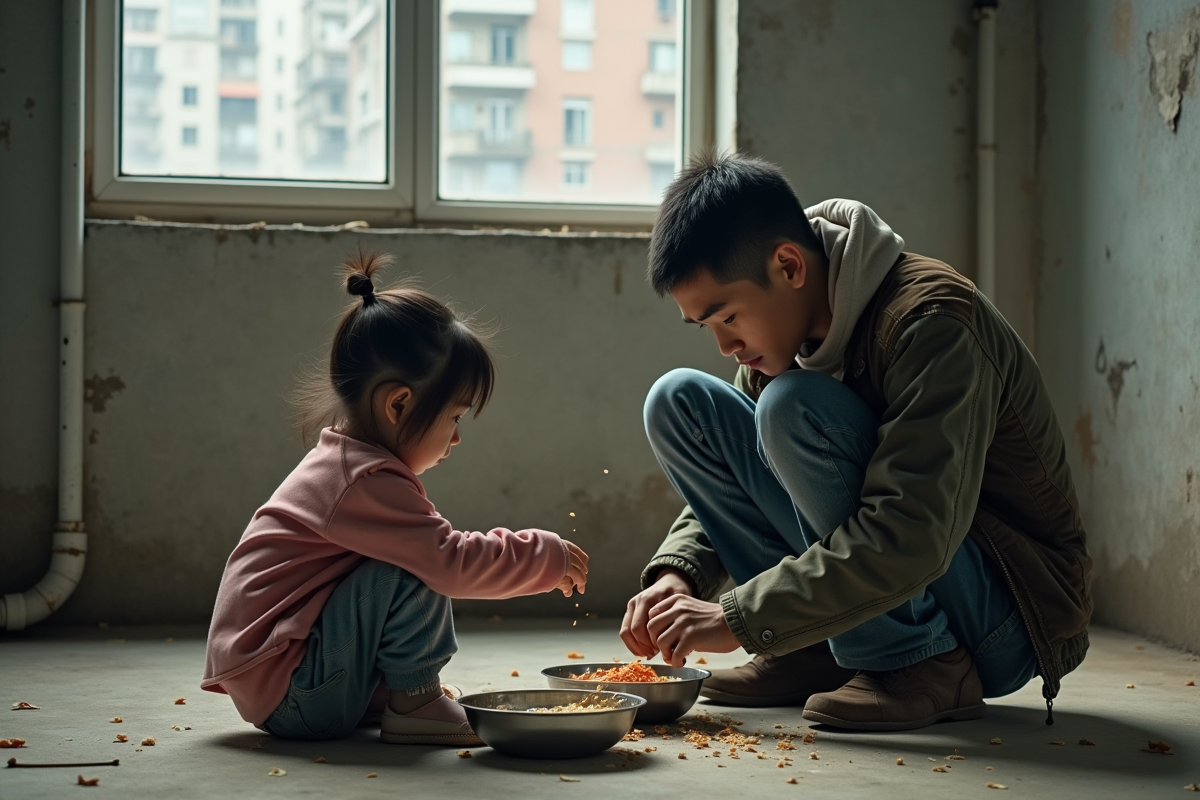 Père chinois partageant un repas avec sa fille dans un intérieur