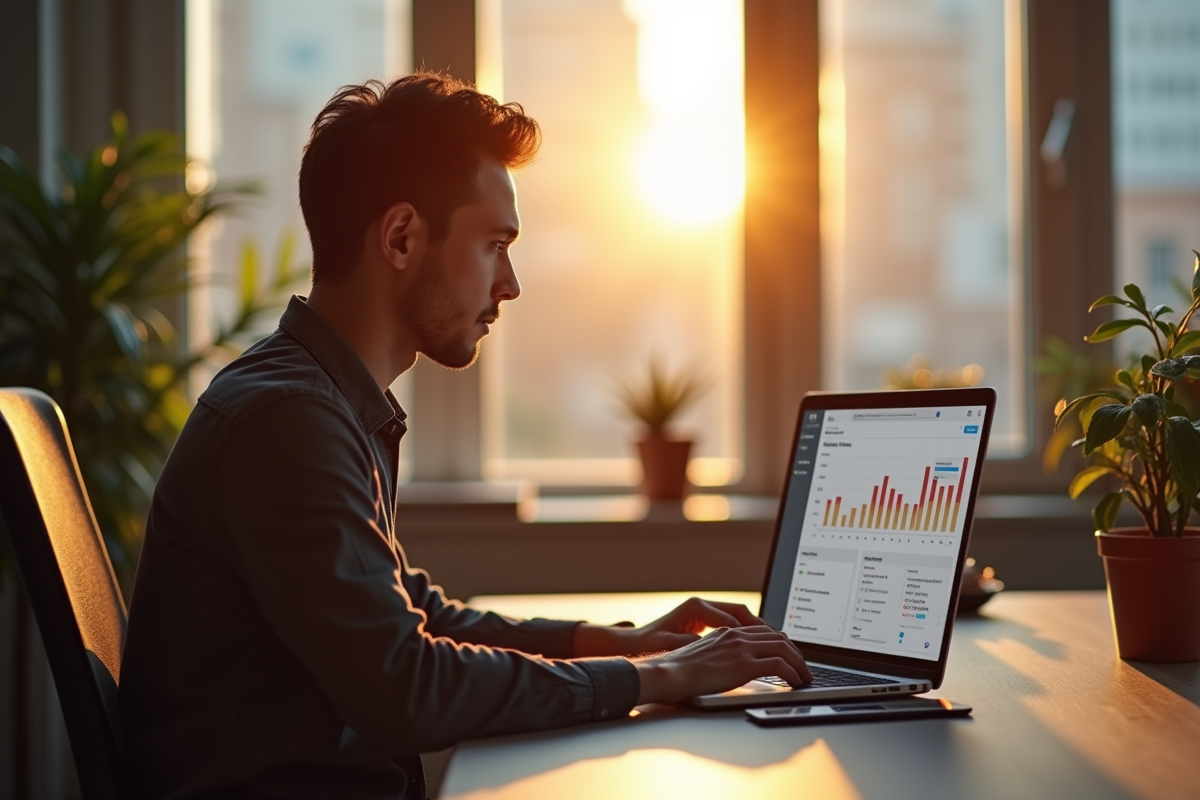 Personne travaillant tôt le matin sur un bureau moderne avec lumière naturelle