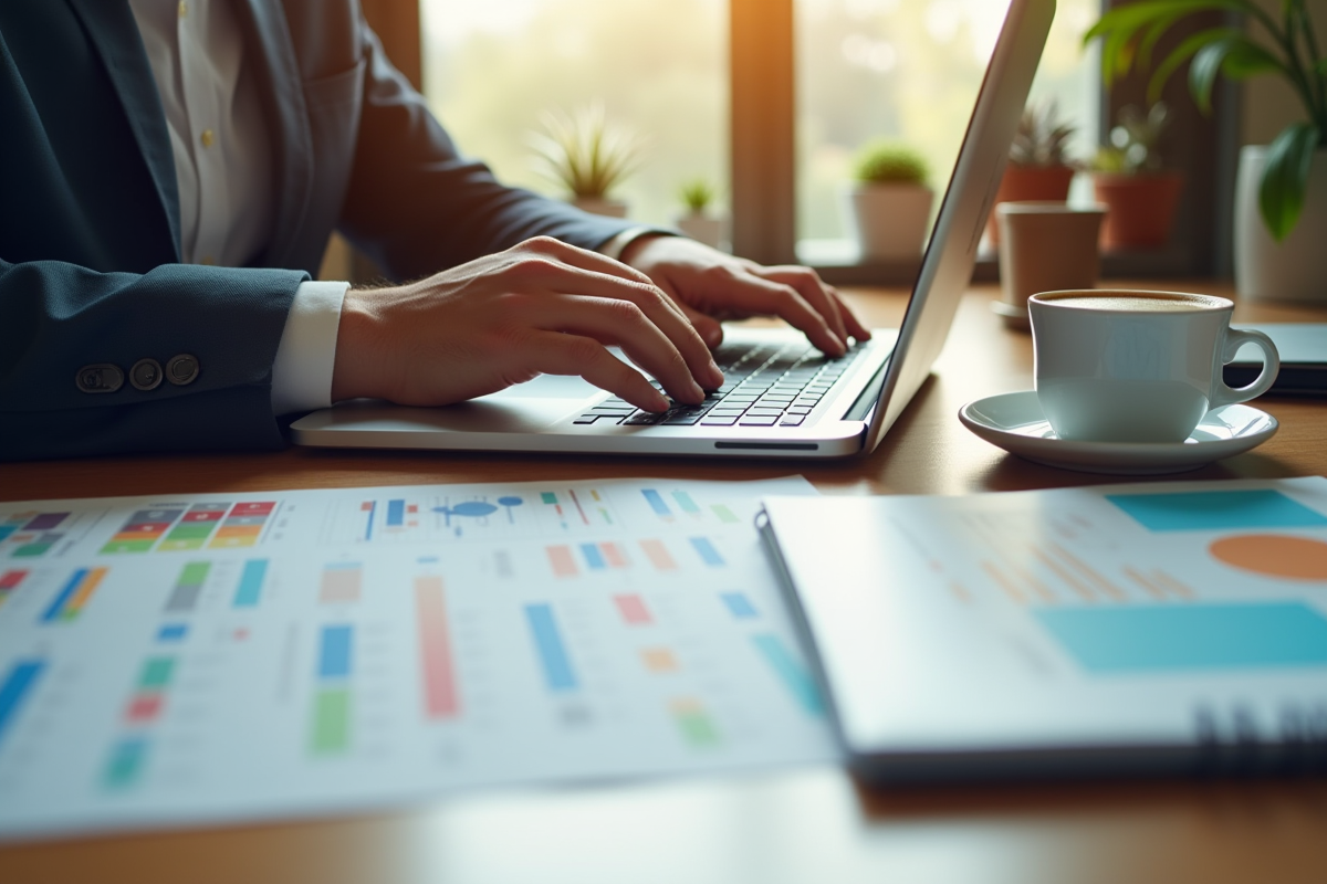 Main tapant sur un ordinateur portable avec graphiques marketing