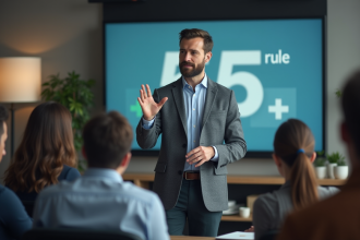 Homme en costume présentant la règle 5 5 5 en réunion