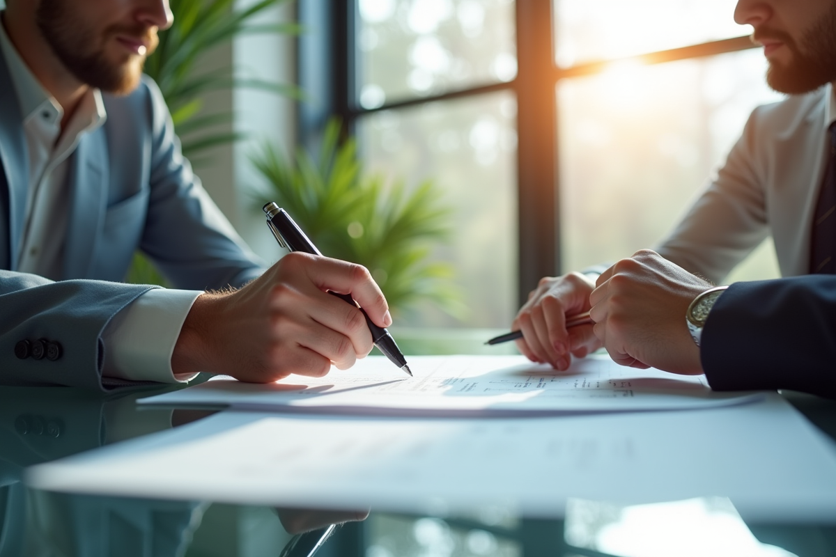 Deux professionnels en réunion dans un bureau lumineux