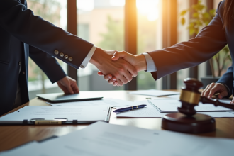 Deux personnes se serrant la main après un accord juridique