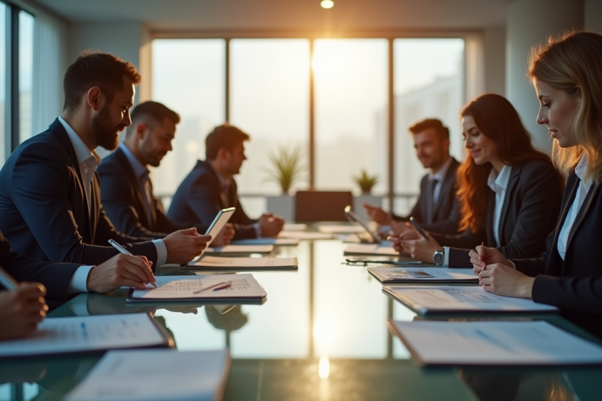 Réunion d'affaires dans un bureau moderne avec des cadres divers