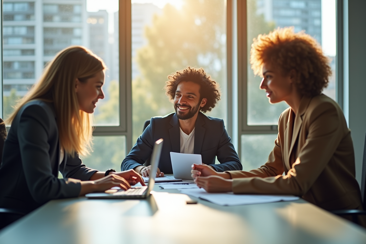 Trois professionnels divers en réunion de brainstorming