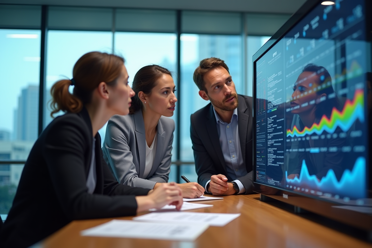 Groupe de professionnels discutant autour d un écran digital