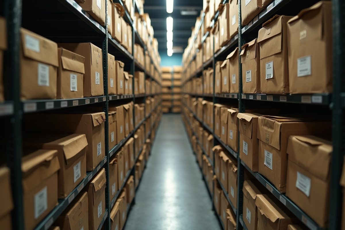 Stockage d archives avec boîtes en carton sur étagères