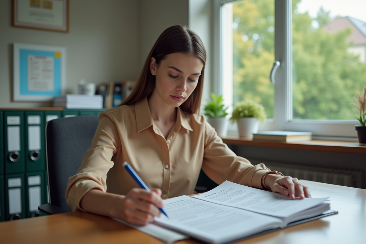 Jeune femme vérifiant des documents de taxi dans un bureau