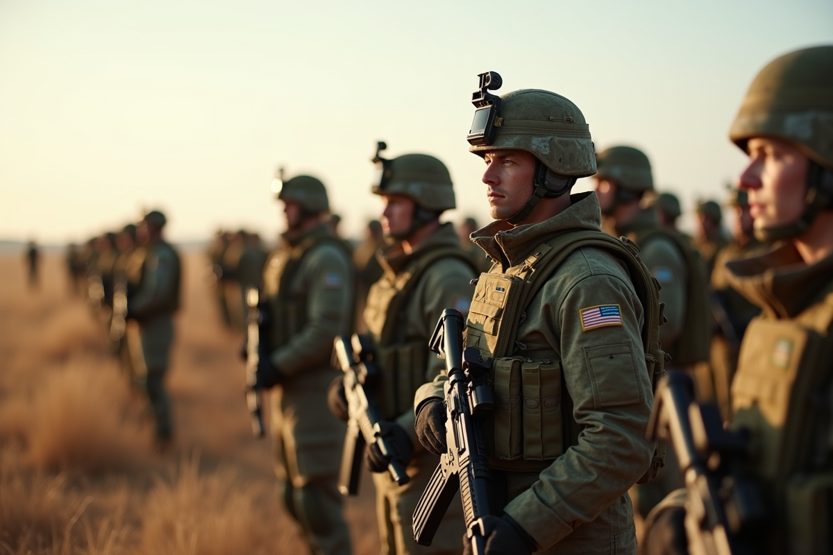 Groupe de soldats européens en formation en uniforme moderne