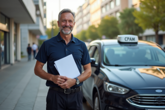 Homme taxi professionnel tenant des papiers CPAM près de son taxi