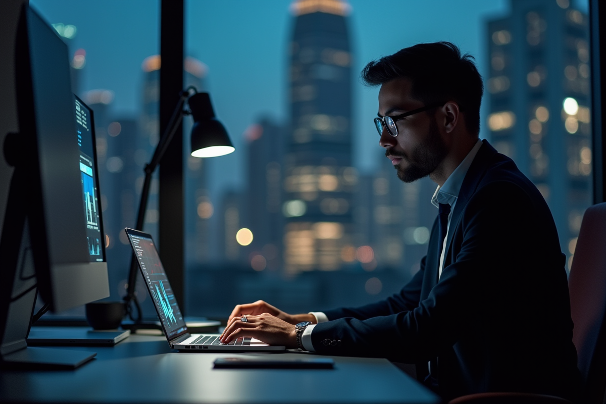 Entrepreneur travaillant tard dans un bureau à domicile