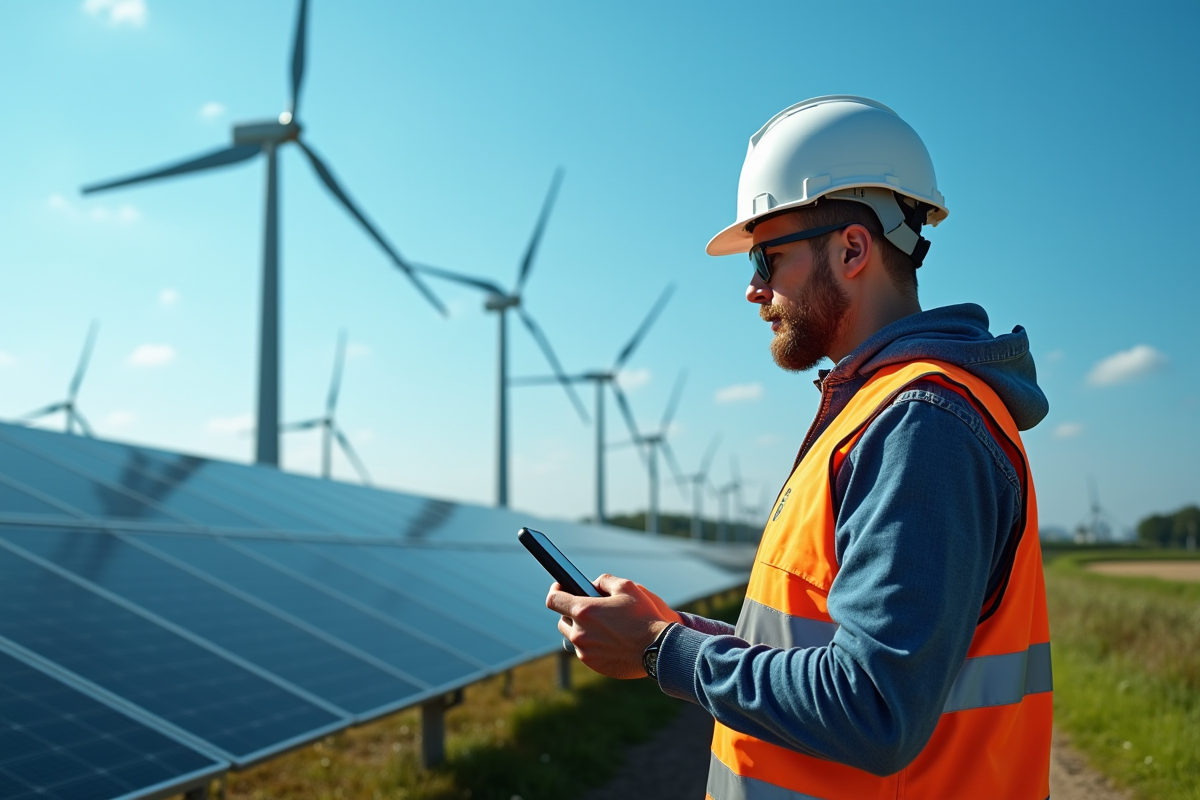 Usine avec panneaux solaires et éoliennes inspection environnementale