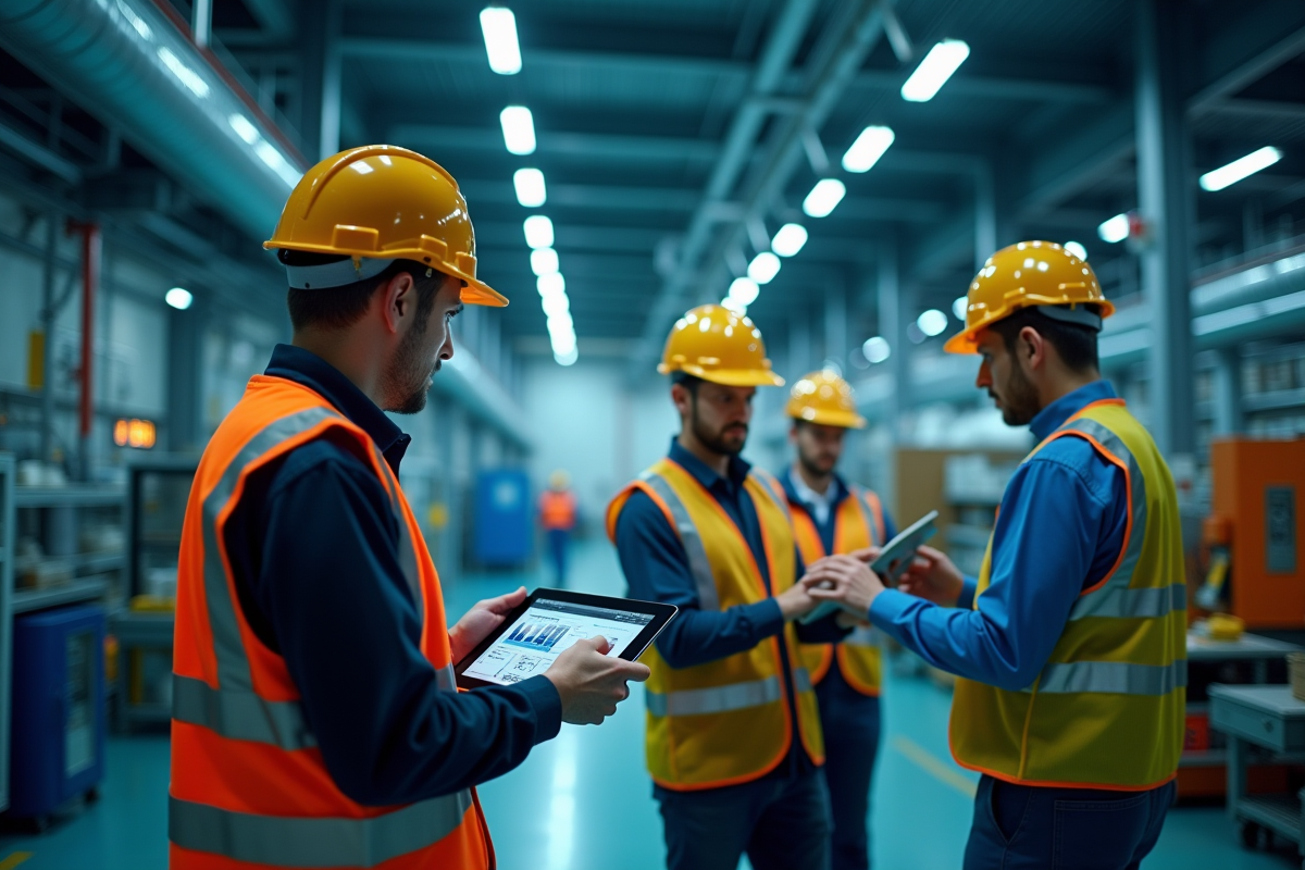 Employés en équipement de sécurité analysant des données dans une usine high-tech