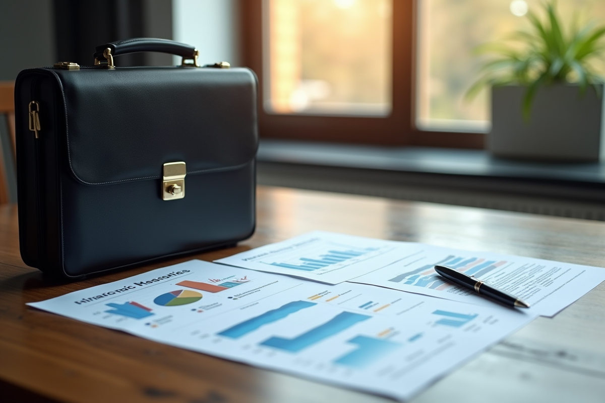 Une valise noire avec documents financiers sur un bureau en bois