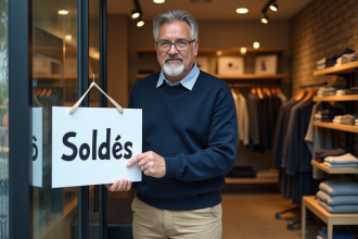 Vendeur attachant une affiche de soldes devant la boutique