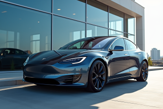 Voiture Tesla électrique devant un bâtiment moderne en verre